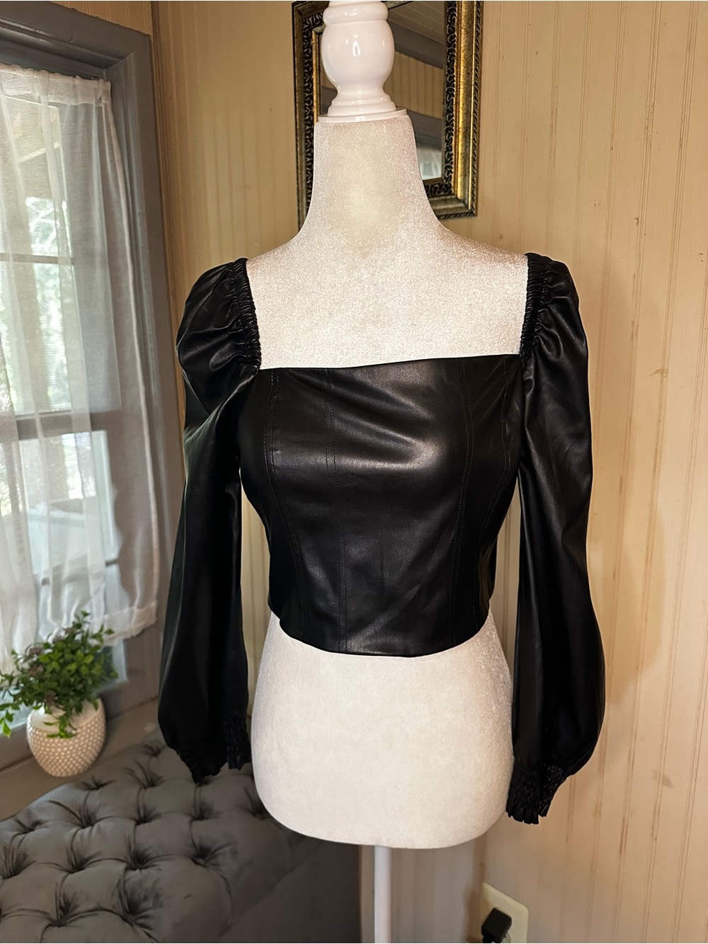 7 For All Mankind Faux Leather Crop Top Black Puff Sleeve Square Neck Size M
